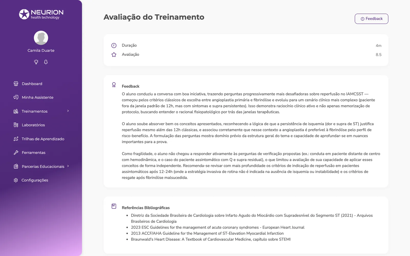 Avaliação do treinamento no Neurion Pulse, com o feedback da Ellie e referências bibliográficas
