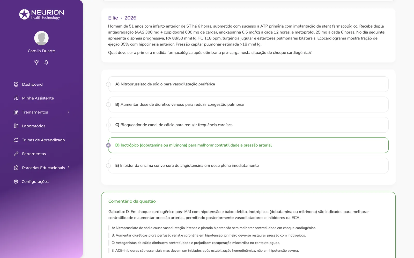 Questão sobre choque cardiogênico corrigida no Neurion Pulse, com o comentário da Ellie
