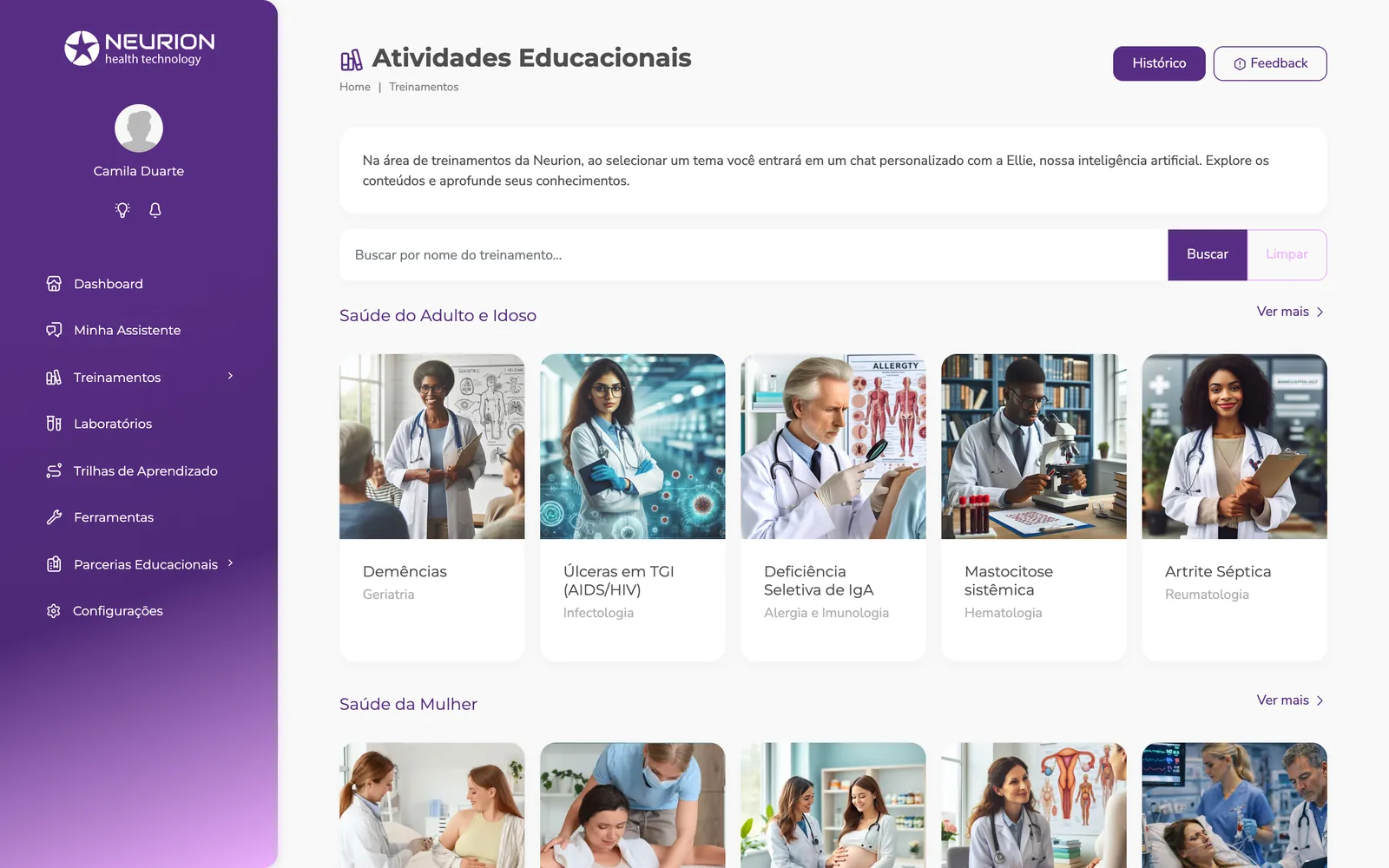 Atividades educacionais do Neurion Pulse organizadas por especialidade