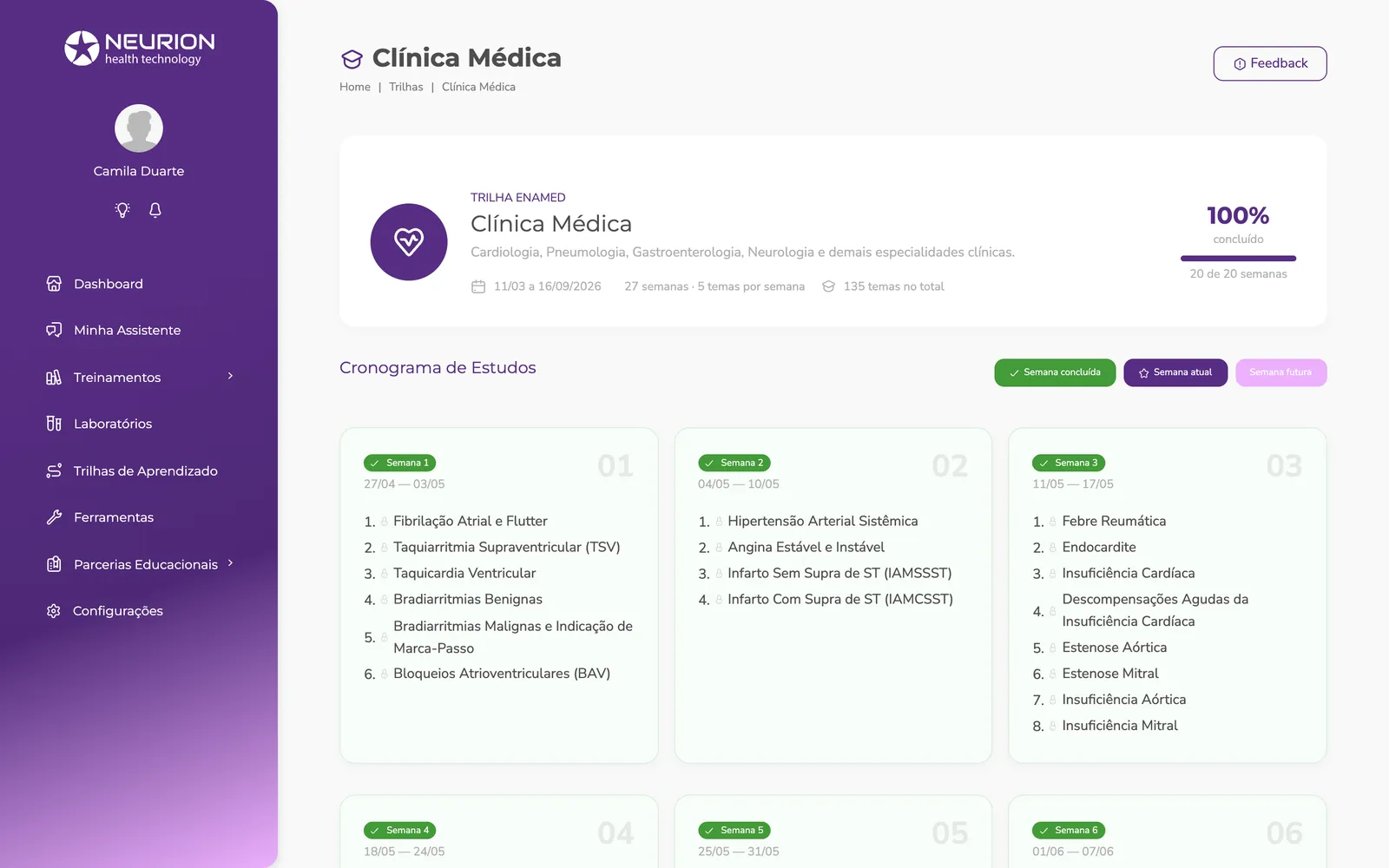 Trilha de Clínica Médica do Intensivão ENAMED no Neurion Pulse, com o cronograma de estudos